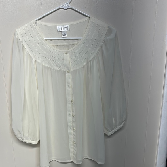 LOFT Cream Blouse with Bib Collar and Ruffled 3/4 Sleeves - Picture 2 of 10